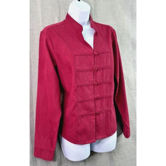 Dress Barn Women's Sueded Button Down Shirt Size M Red Asian Style Military - Picture 5 of 9